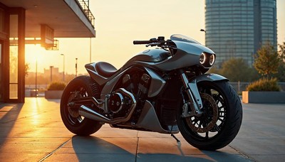 Stylish motorcycle parked at sunset near modern buildings