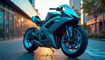 Sport motorcycle parked in urban setting at sunset