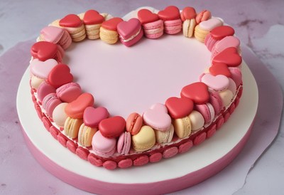 Heart-shaped cake decorated with macaron sweets