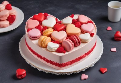 Heart-shaped cake decorated with colorful macarons