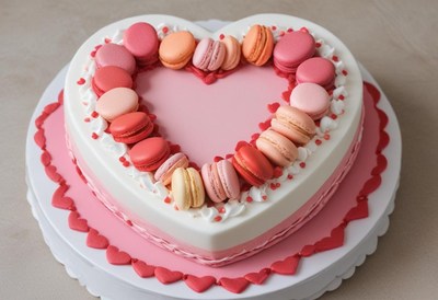 Heart-shaped cake decorated with colorful macarons