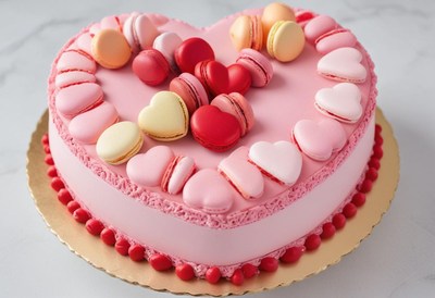 Heart-shaped cake decorated with colorful macarons