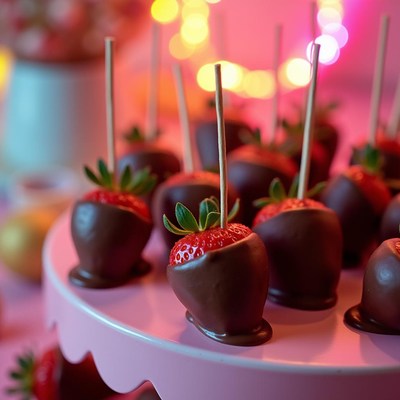Chocolate covered strawberries on display at a party