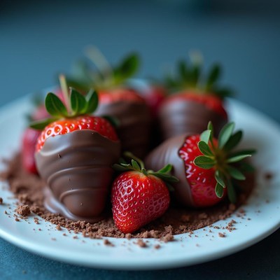 Chocolate covered strawberries on a dessert plate