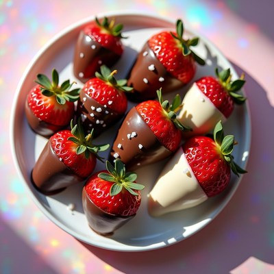 Delicious chocolate dipped strawberries on a pastel plate