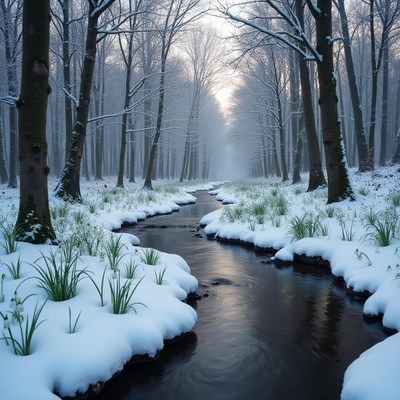 Snow-covered forest with a winding stream at dawn