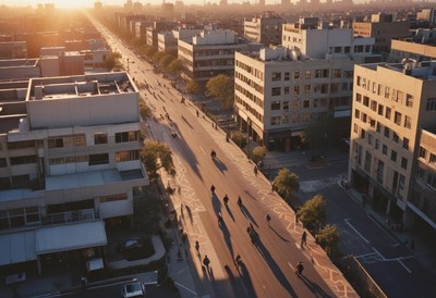 Sunset on an urban street casts long pedestrian shadows