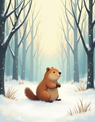 Cute groundhog in a snowy forest during winter