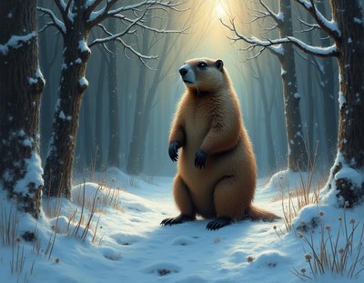 Groundhog standing in a snowy forest under soft light