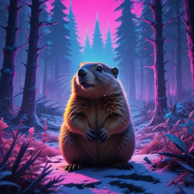 Groundhog in a vibrant forest at dusk