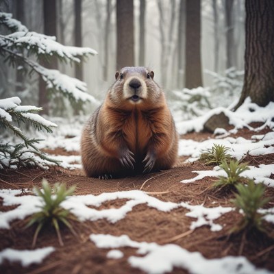 Groundhog explores snowy forest in winter landscape