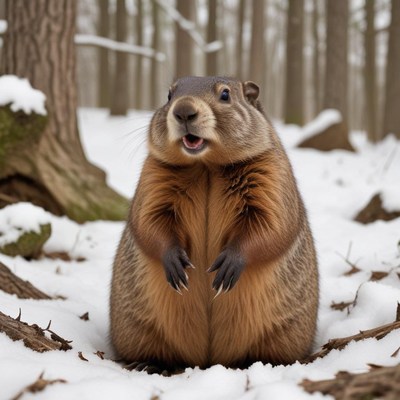 Groundhog in winter forest amidst snow