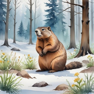 Groundhog stands in snowy forest during winter season