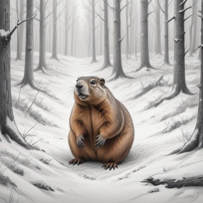Groundhog in a snowy forest during winter season