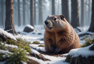Groundhog in snowy forest during winter season
