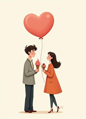 Couple enjoying ice cream while holding heart balloon