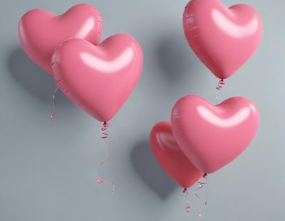 Heart-shaped balloons floating against a blue background