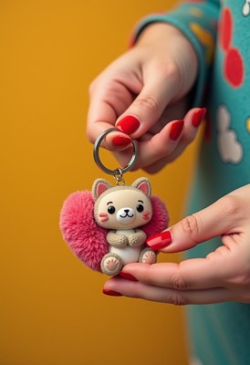 Cute plush keychain held by person with red nails