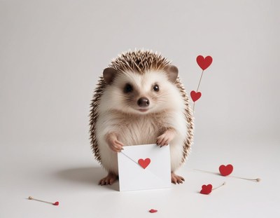 Cute hedgehog holding a love letter with heart decorations