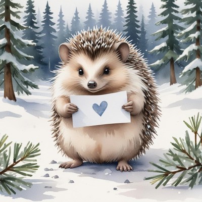 Cute hedgehog holding a love message in winter forest