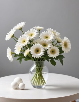 White daisies in a glass vase on a minimalist table