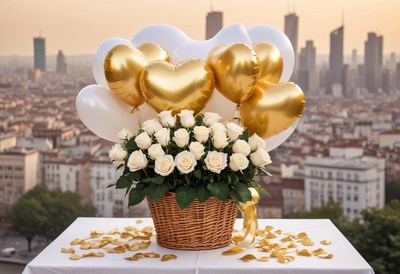 Golden celebration with roses and heart balloons at sunset
