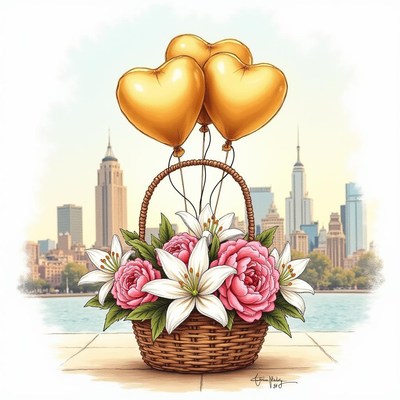 Colorful flower basket with heart balloons in city view