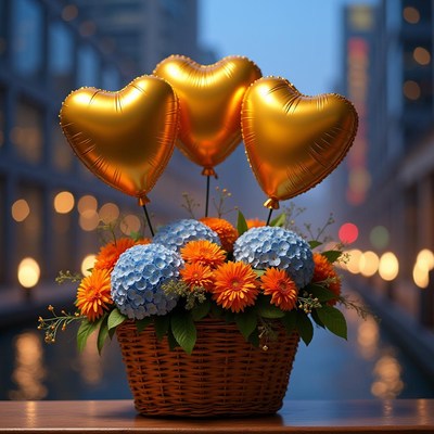 Heart-shaped balloons and vibrant flowers in a basket