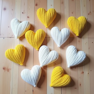 Colorful knitted hearts arranged on a wooden floor