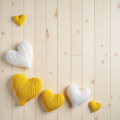 Decorative knitted hearts in soft colors on wooden surface