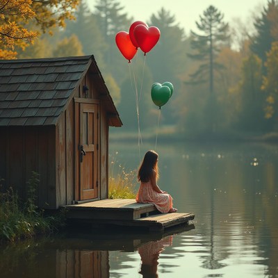 Girl sitting by a lake with heart-shaped balloons