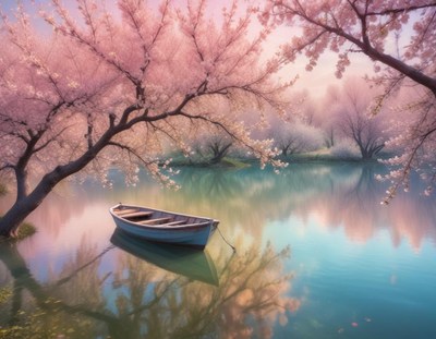 Beautiful cherry blossom trees by serene lake at dawn
