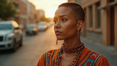 Urban sunset portrait of a young woman in vibrant attire