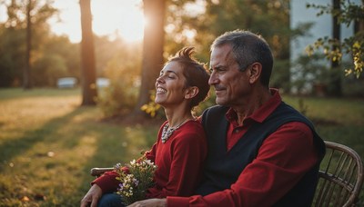 Couple enjoying a sunset together in a serene garden