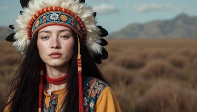 Indigenous woman wearing traditional headdress in nature