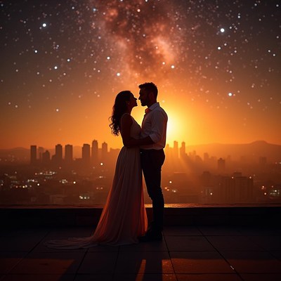 Romantic couple embracing at sunset in a city skyline
