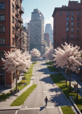 Blooming trees line a quiet urban street in springtime