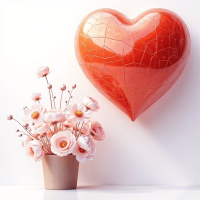 Heart shaped decor with pink flowers in a pot