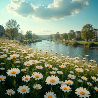 Blooming daisies by the tranquil river in springtime