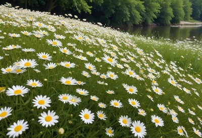 Wildflowers bloom beside tranquil riverside setting