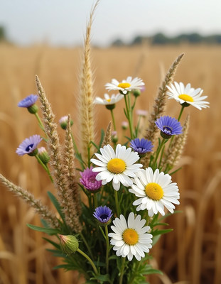 Bright wildflowers in a golden field during summer