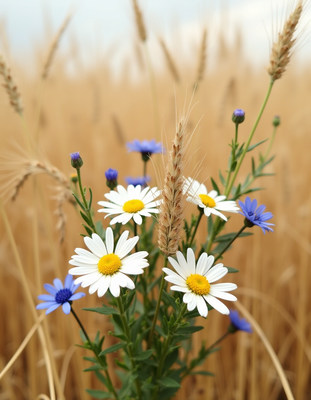 Flowers bloom among wheat in a golden field