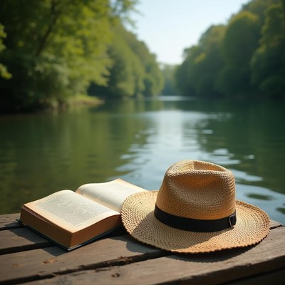 Relaxing by the riverside with a book and a straw hat