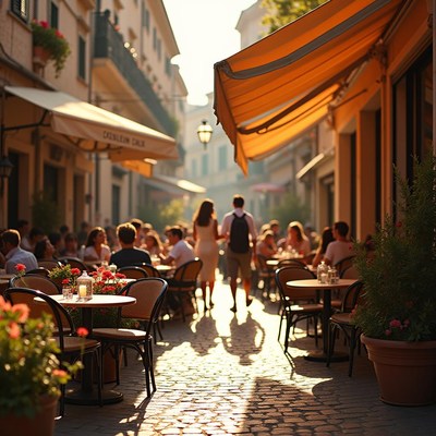 Street dining in a charming café during golden hour