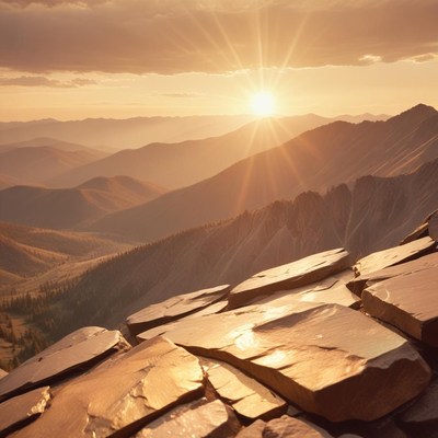 Sunset over mountain landscape with rocky foreground