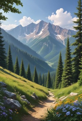 Breathtaking mountain trail lined with pine trees