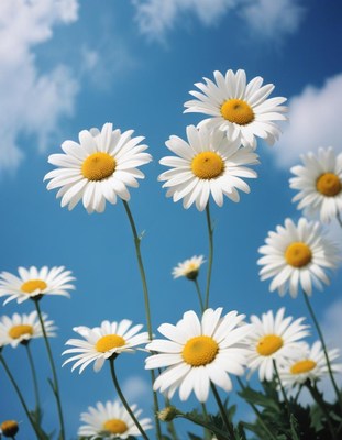 Beautiful daisies blooming under a bright blue sky