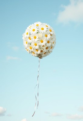 Daisy balloon floats in a blue sky
