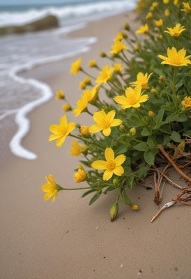 Yellow wildflowers bloom along sandy beach shore