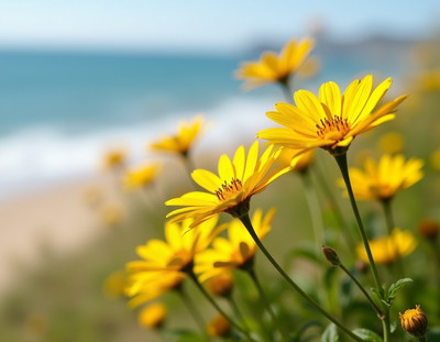 Bright yellow flowers bloom by the ocean shore